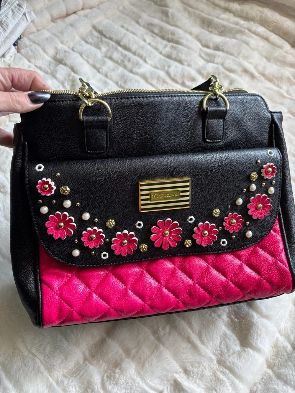 Betsey Johnson Black & Hot Pink Floral Appliqué Satchel
